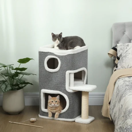 Compact Cat Tower with Two Dens and Top Bed – Grey, 75cm