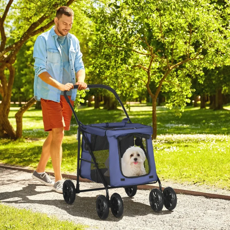 Four-Wheel Folding Pet Stroller with Cushion – Dark Blue Four-Wheel Folding Pet Stroller with Cushion – Dark Blue