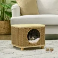 Raised Rattan-Style Cat Hideaway with Cushion – Light Brown, 40cm