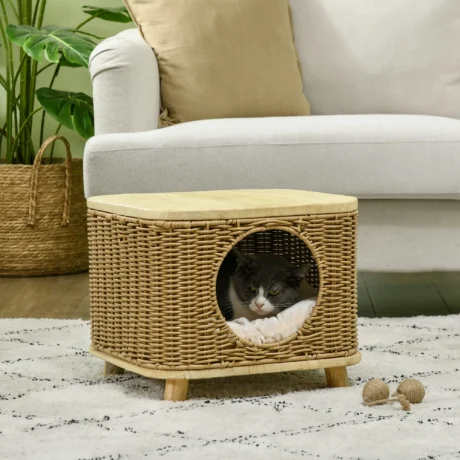 Raised Rattan-Style Cat Hideaway with Cushion &ndash; Light Brown, 40cm &ndash; detail 2