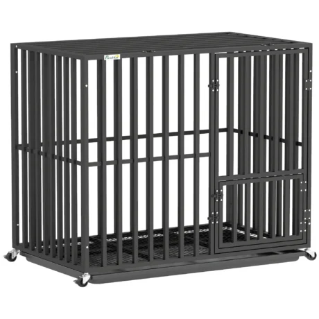 Steel Dog Crate with Wheels and Removable Tray – Black, 95cm