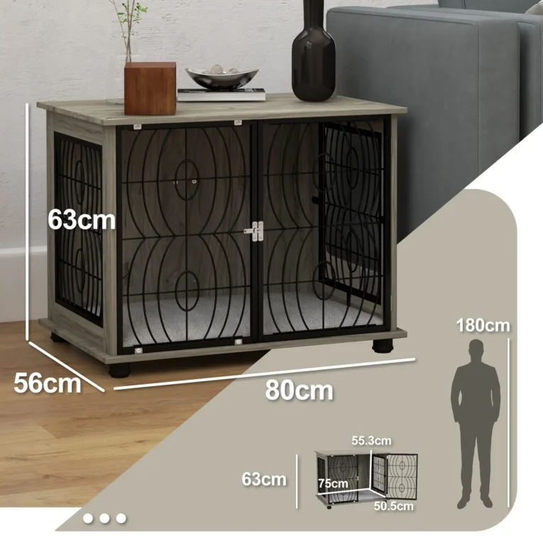 Medium Dog Crate Side Table with Cushion – Grey Wood Effect, 80cm