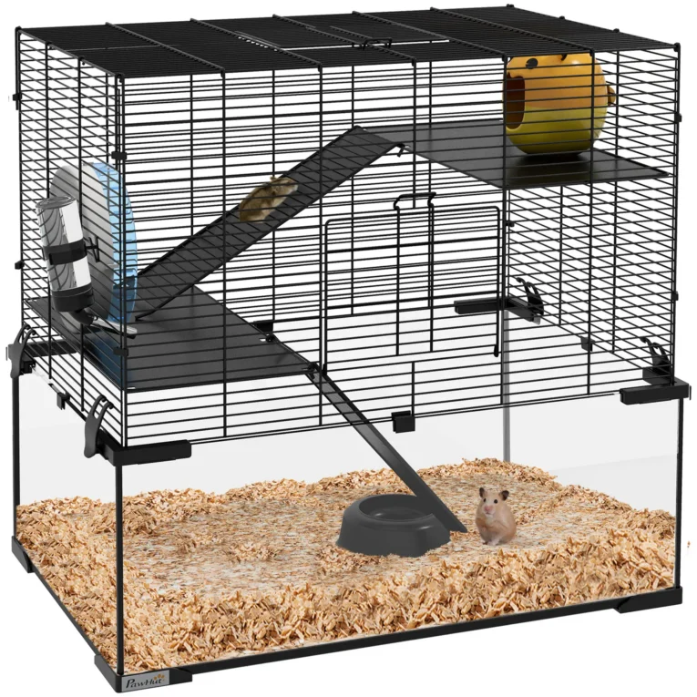Three-Level Hamster Cage with Glass Base – Black, 60 × 40 × 54.5cm