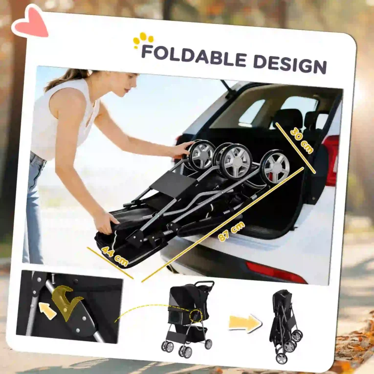 Folding Pet Stroller with Reflective Strips – Black, 10kg