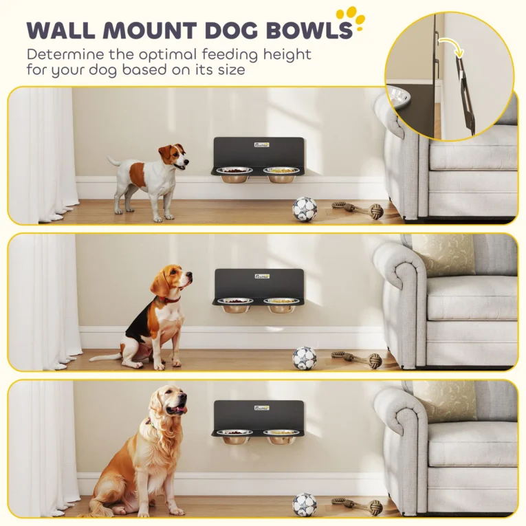 Wall-Mounted Adjustable Double Dog Bowls – Black, 800ml Each Wall-Mounted Adjustable Double Dog Bowls – Black, 800ml Each