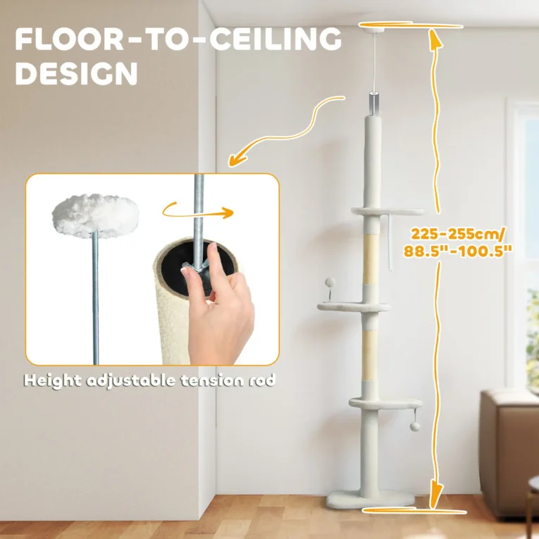 Cloud-Perch Floor-to-Ceiling Cat Tree – Beige, 225–255cm
