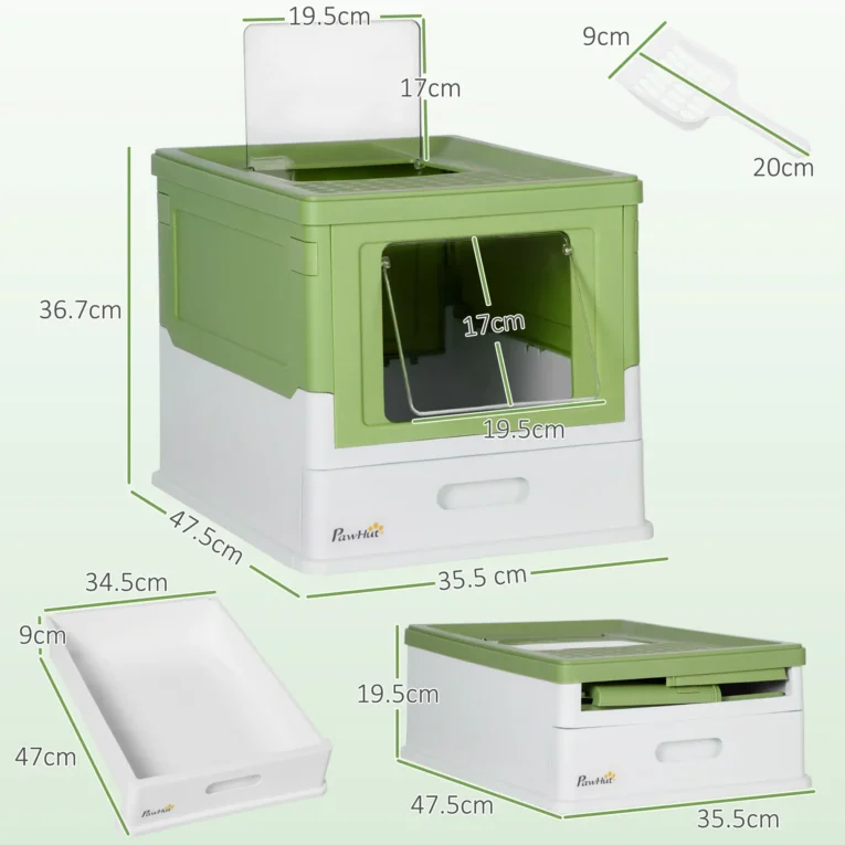 Hooded Cat Litter Box Portable – Emerald Green, White