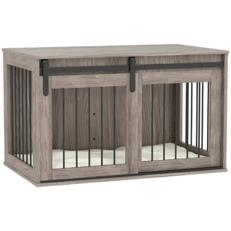 Furniture-Style Dog Crate with Sliding Door – Brown, 98cm