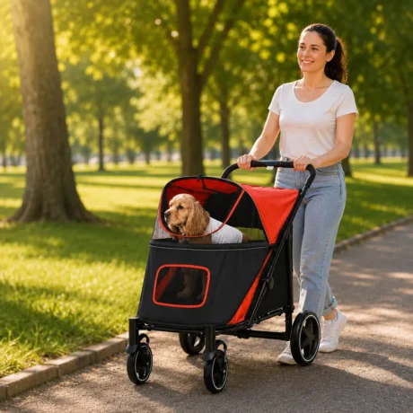 Folding Large Dog Stroller with Shock Absorbers – Red