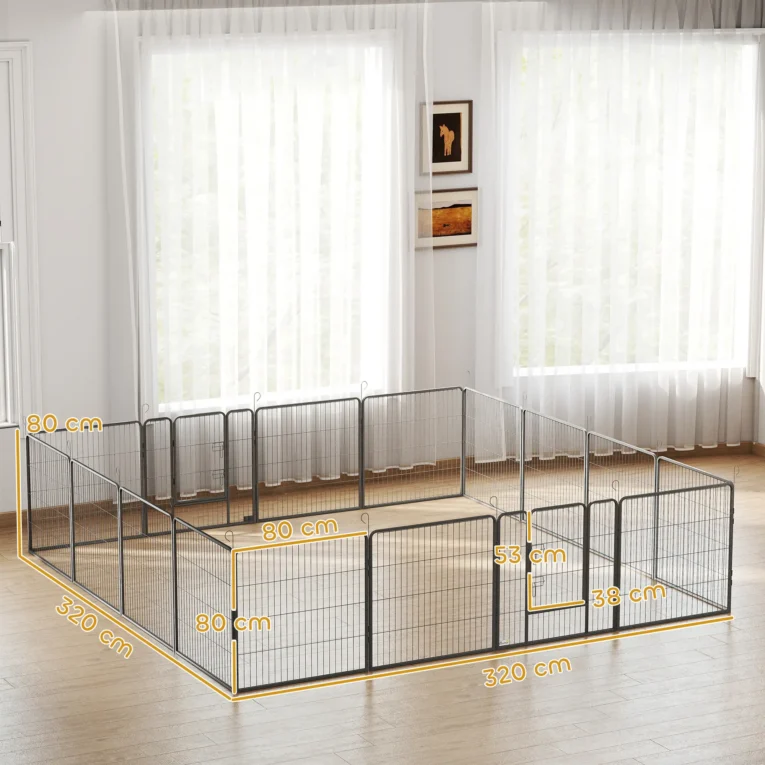 16-Panel Steel Dog Playpen with Two Doors – Grey, 80cm High
