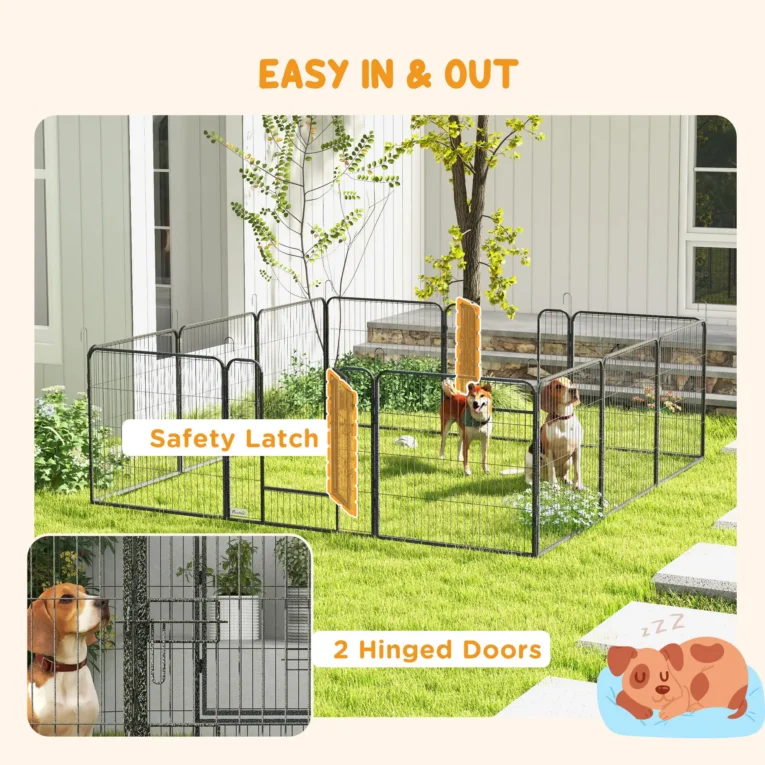12-Panel Steel Dog Playpen with Two Doors – Grey, 80cm High
