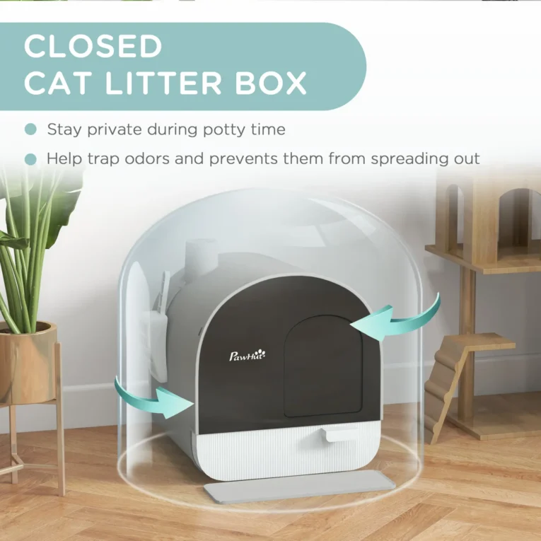 Hooded Cat Litter Box with Flap and Scoop – Light Grey