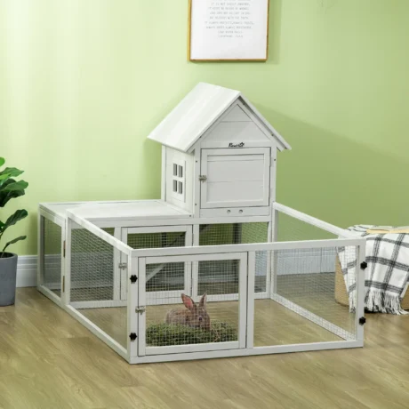 Indoor Rabbit Hutch with Fenced Exercise Section – Light Grey