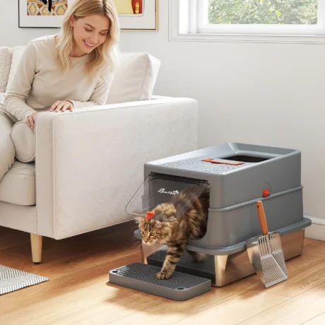 XL Covered Steel Cat Litter Box with Step &ndash; Dark Grey, 60cm &ndash; detail 2