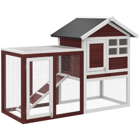 Wooden Rabbit Hutch with Side Run and Tray – Brown and White