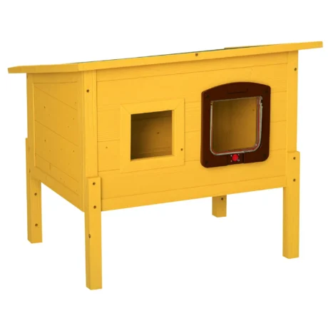 Raised Wooden Outdoor Cat Shelter with Opening Roof – Yellow