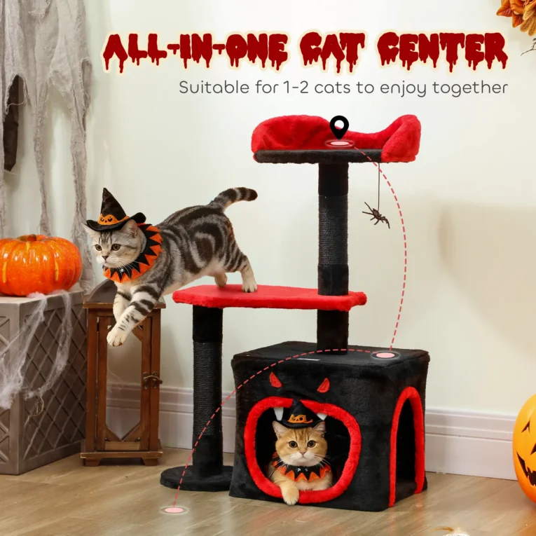 Compact Gothic Cat Tower with Coffin Platform – Black and Red, 83cm