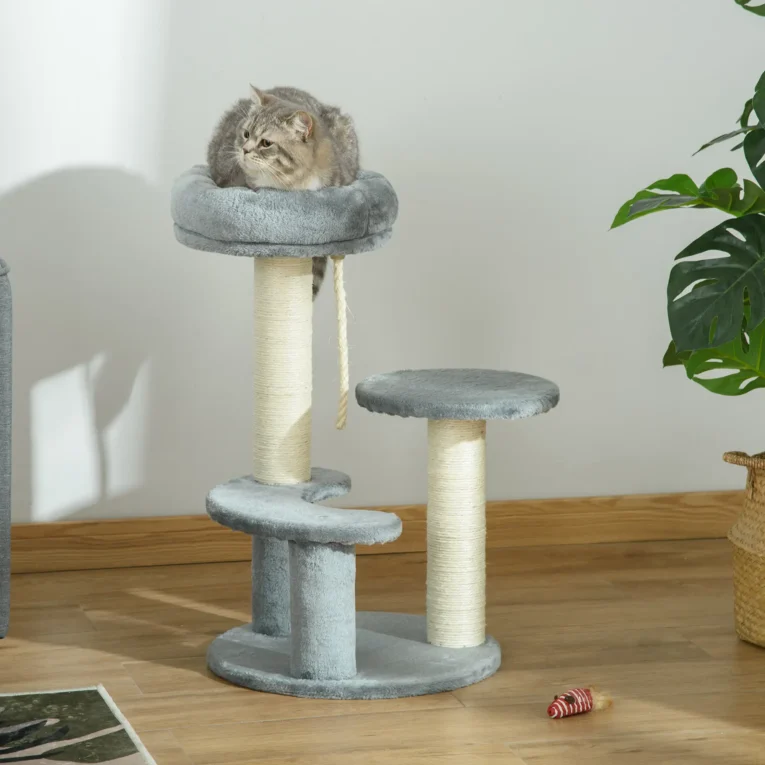 Compact Cat Tower with Sisal Posts and Hanging Rope – Grey, 65cm