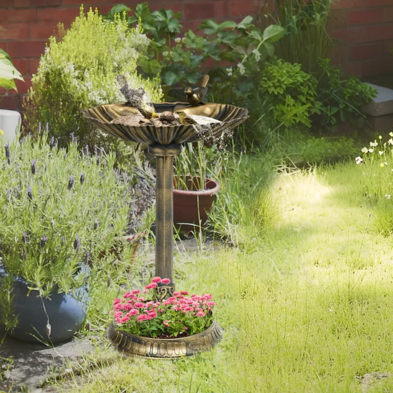 Garden Bird Bath with Two Bird Decorations – Bronze Tone, 81cm