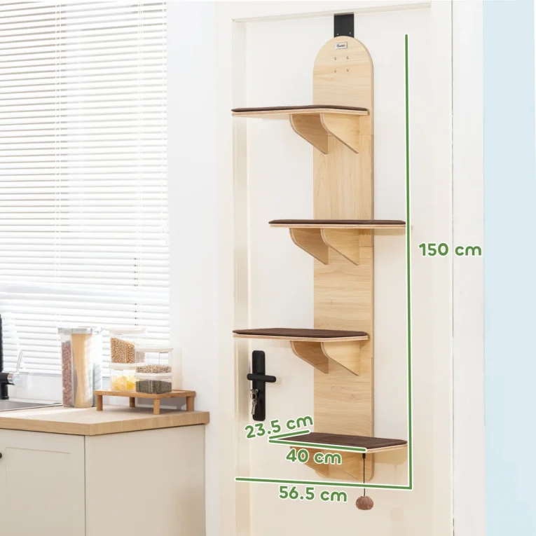 Four-Level Over-Door Cat Shelf with Washable Pads – Oak Tone Four-Level Over-Door Cat Shelf with Washable Pads – Oak Tone