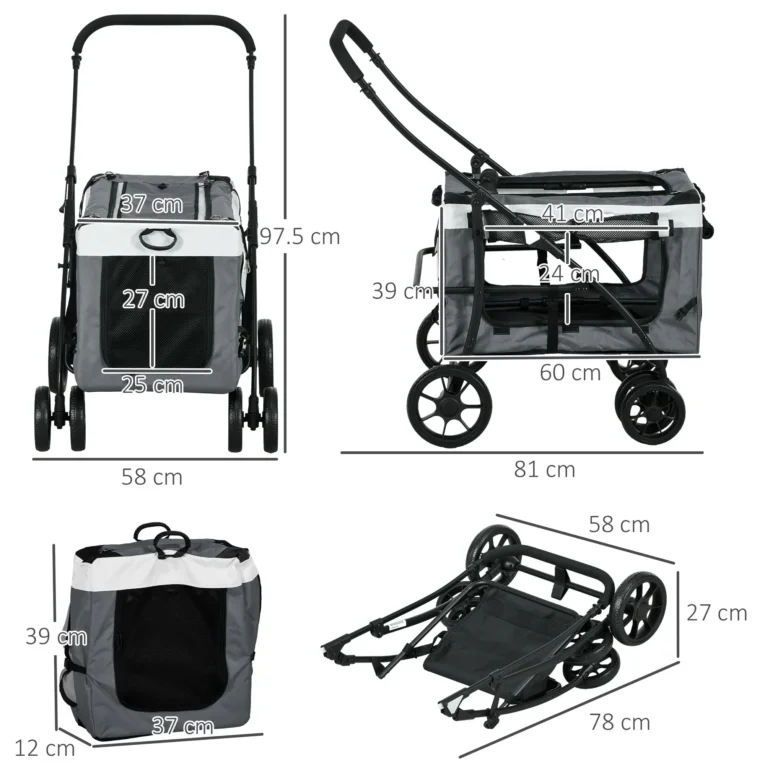 Folding Pet Stroller with Detachable Carrier – Grey, 10kg