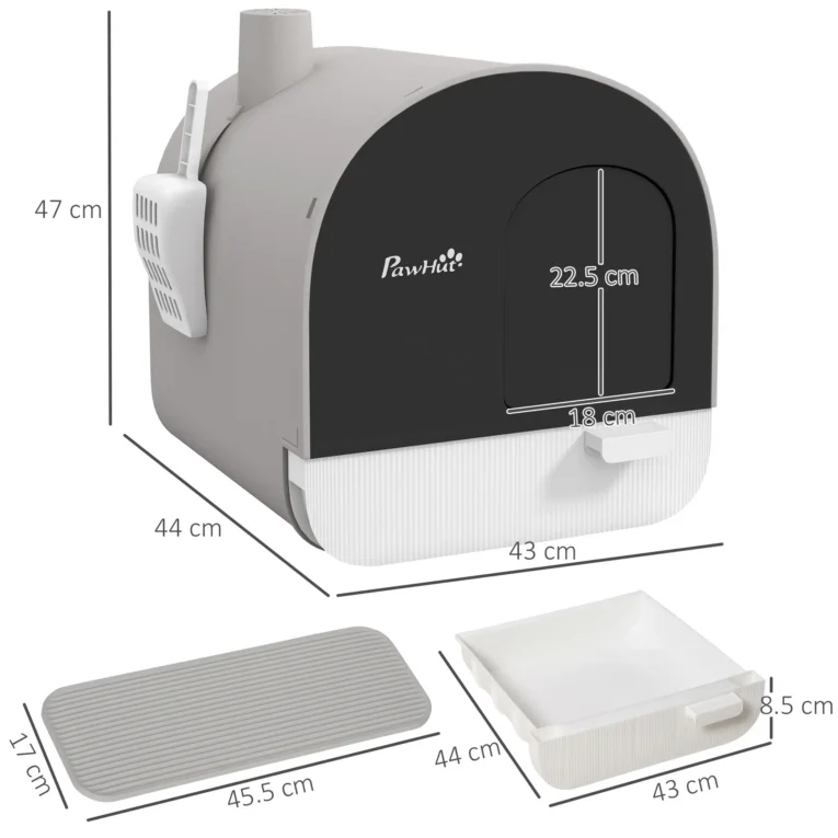 Hooded Cat Litter Box with Flap and Scoop – Light Grey