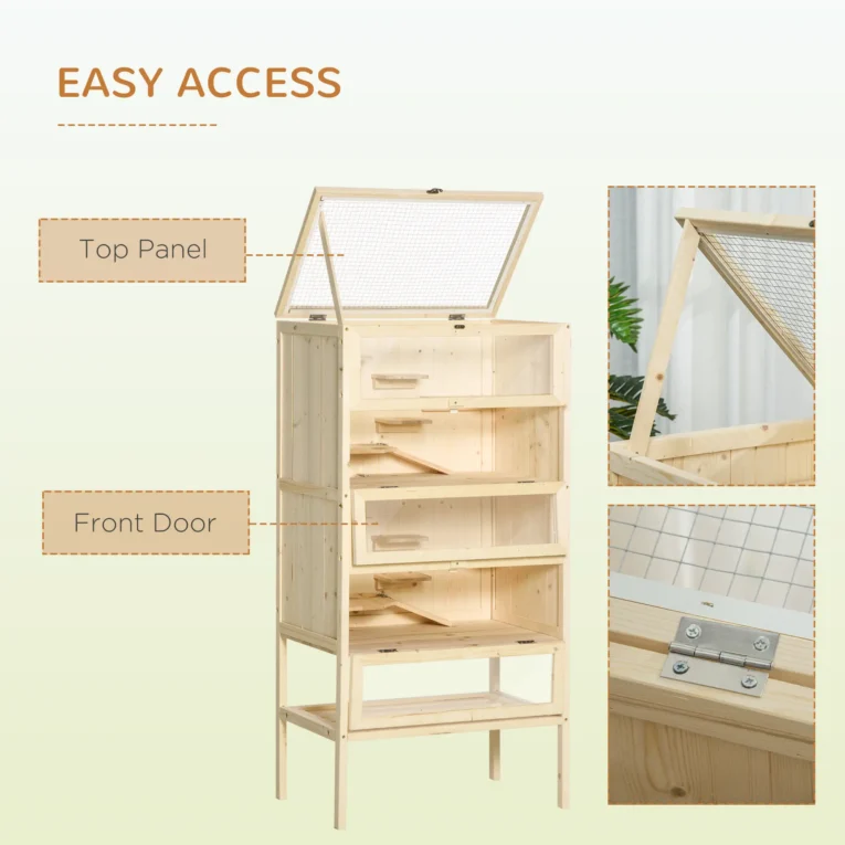 Four-Level Wooden Small Rodent Enclosure with Storage Shelf – Natural
