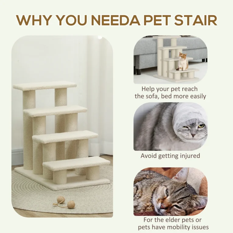 Four-Step Pet Stairs with Faux-Fur Covering – Cream, 60cm High