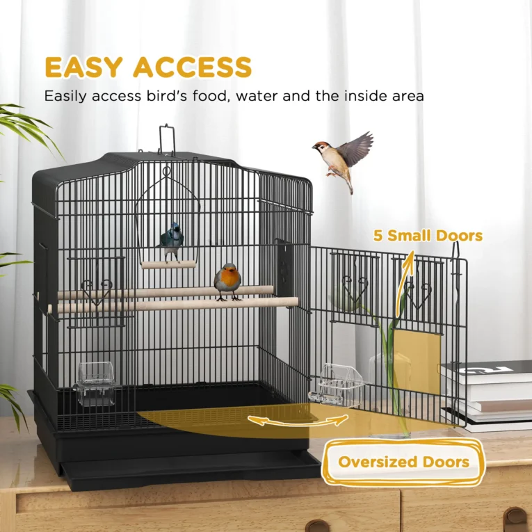 Metal Bird Cage with Perches, Bowls and Swing – Black, 59cm High Metal Bird Cage with Perches, Bowls and Swing – Black, 59cm High