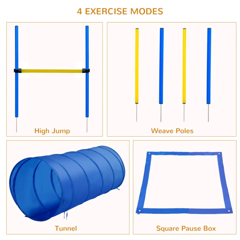 Dog Agility Training Set Adjustable (Poles, Hurdle, Tunnel) – Blue and yellow