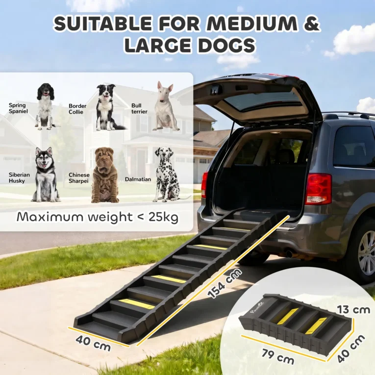 Folding Dog Access Ramp with Ten Grip Sections – Black, 154cm