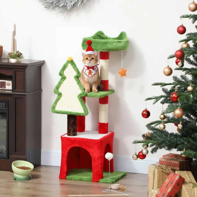 Christmas Cat Activity Tree with House and Scratching Board – Green, 103cm Christmas Cat Activity Tree with House and Scratching Board – Green, 103cm