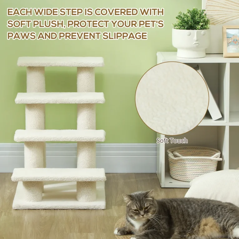 Four-Step Pet Stairs with Faux-Fur Covering – Cream, 60cm High