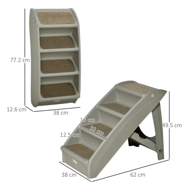 Folding Four-Step Pet Stairs with Carpet Treads – Grey