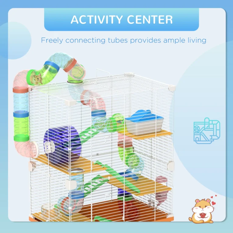 5-Tier Hamster Cage with Wheels and Tunnel – Orange and White