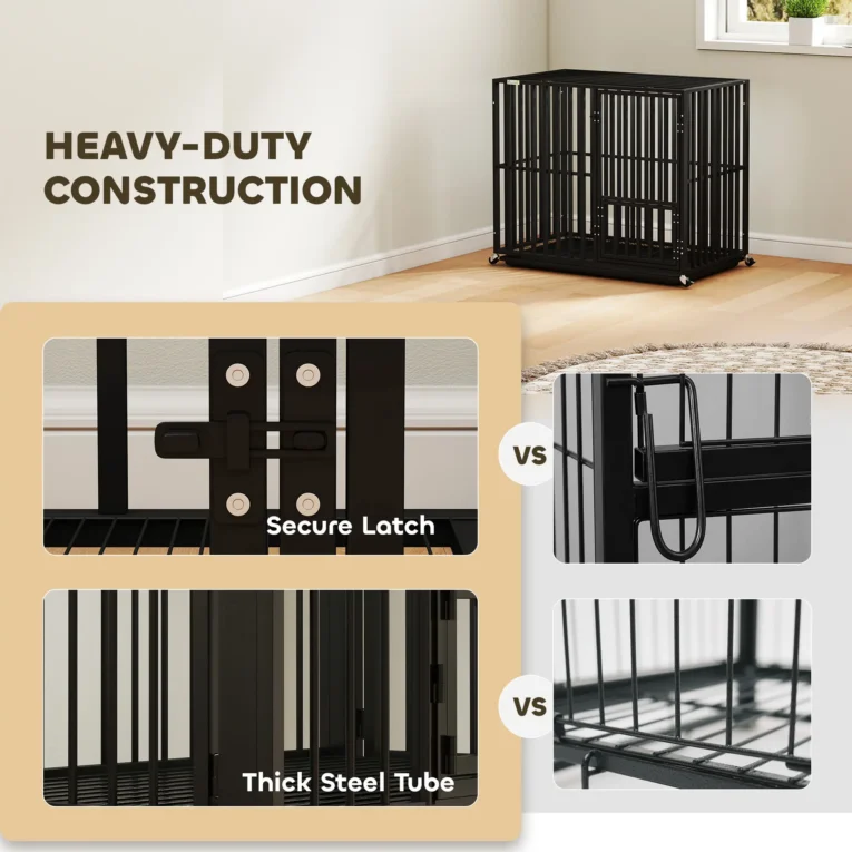 Steel Dog Crate with Wheels and Removable Tray – Black, 95cm