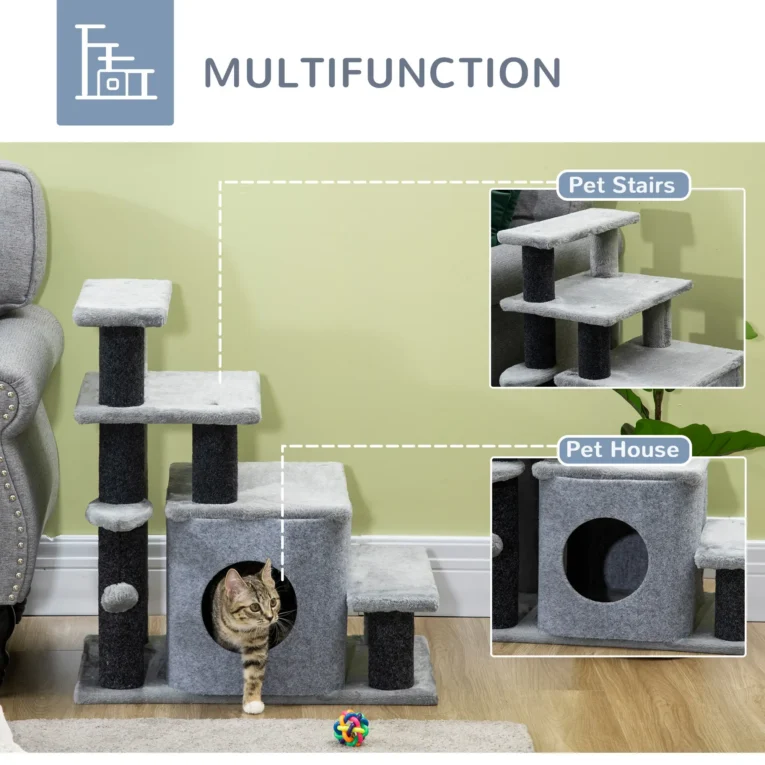 Four-Level Cat Steps with Den – Grey, 66cm Four-Level Cat Steps with Den – Grey, 66cm