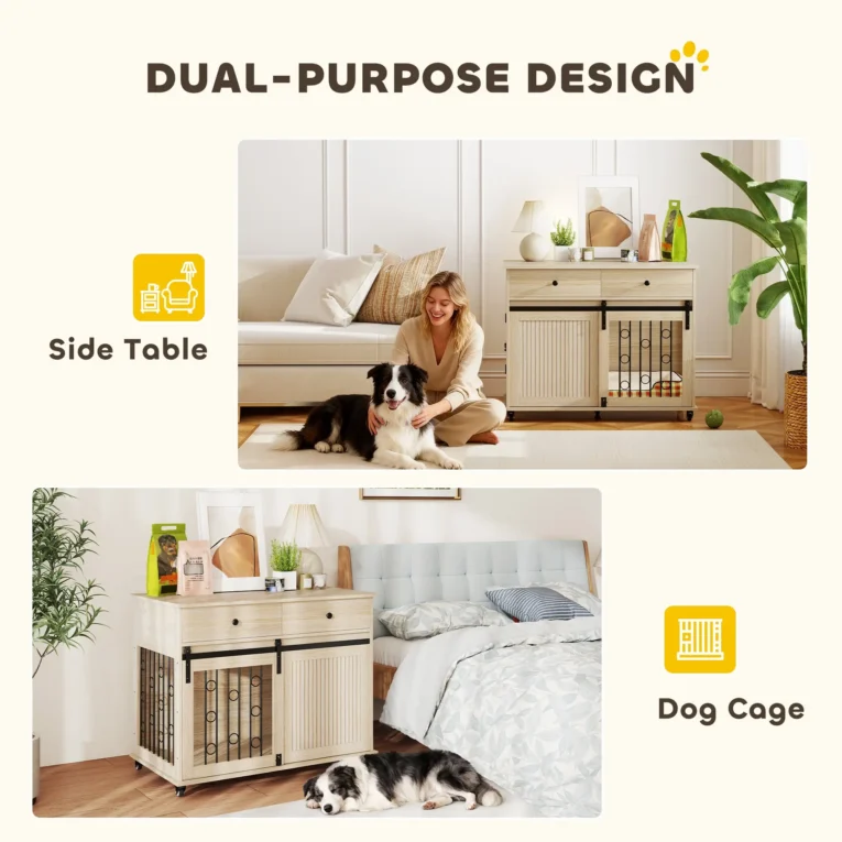 Dog Crate Cabinet with Sliding Door and Two Drawers – Oak, 100cm Dog Crate Cabinet with Sliding Door and Two Drawers – Oak, 100cm