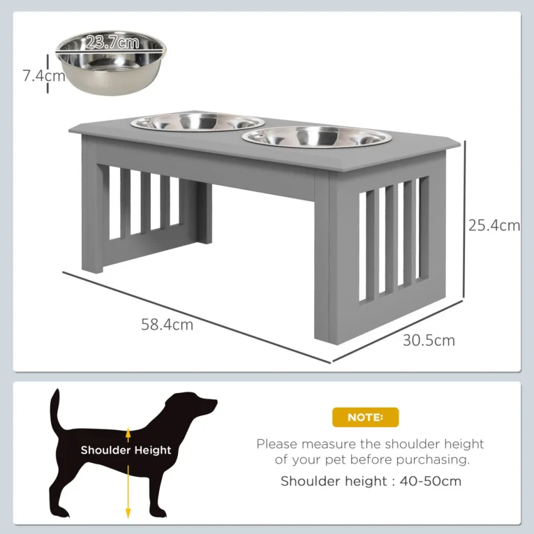 Raised Double Dog Bowl Stand – Grey, 25.4cm
