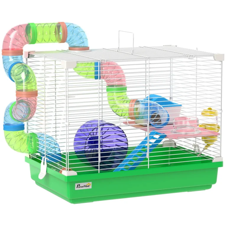 2-Tier Hamster Cage with Tunnel Wheels Ladder Dwarf – Green and white
