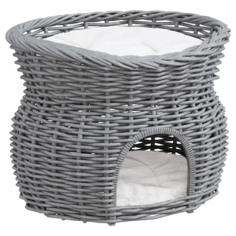 Two-Level Wicker Cat Bed with Cushions – Grey, 56cm