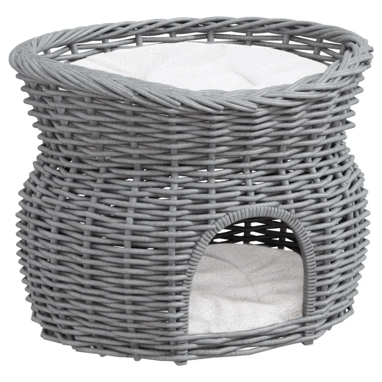 Two-Level Wicker Cat Bed with Cushions – Grey, 56cm