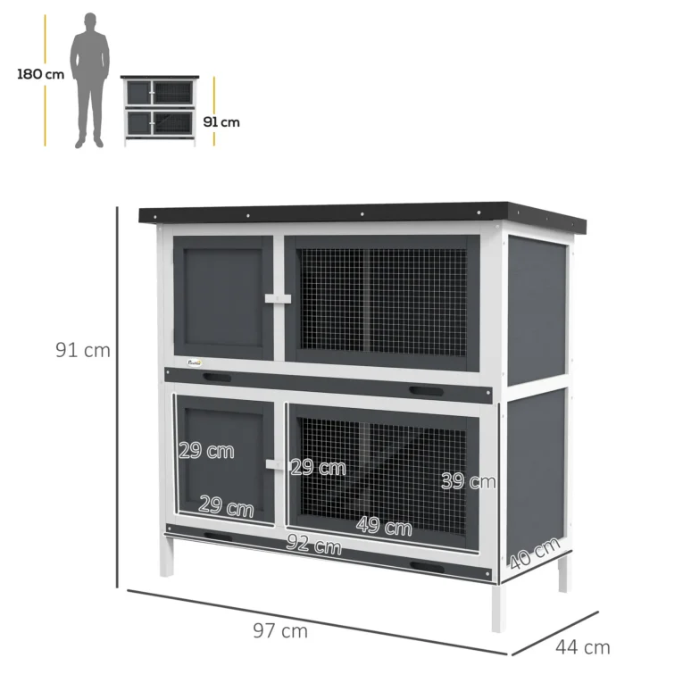 Two-Level Rabbit Hutch with Raised Sleeping Area – Grey, 97 × 44 × 91cm