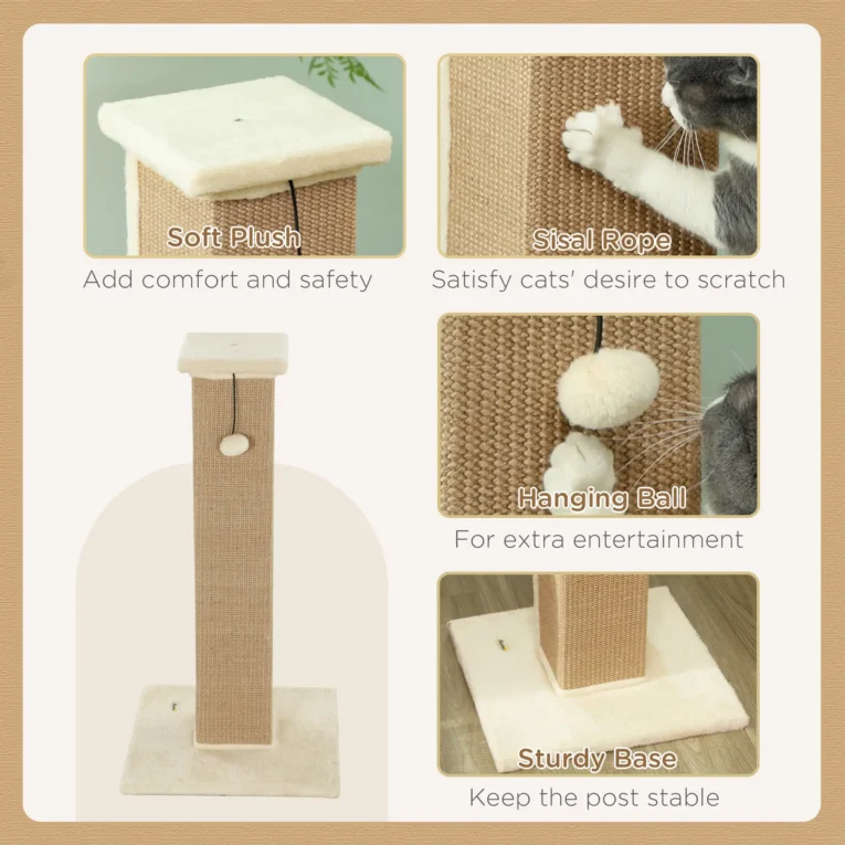 Tall Jute Cat Scratching Column with Toy – Beige, 81cm