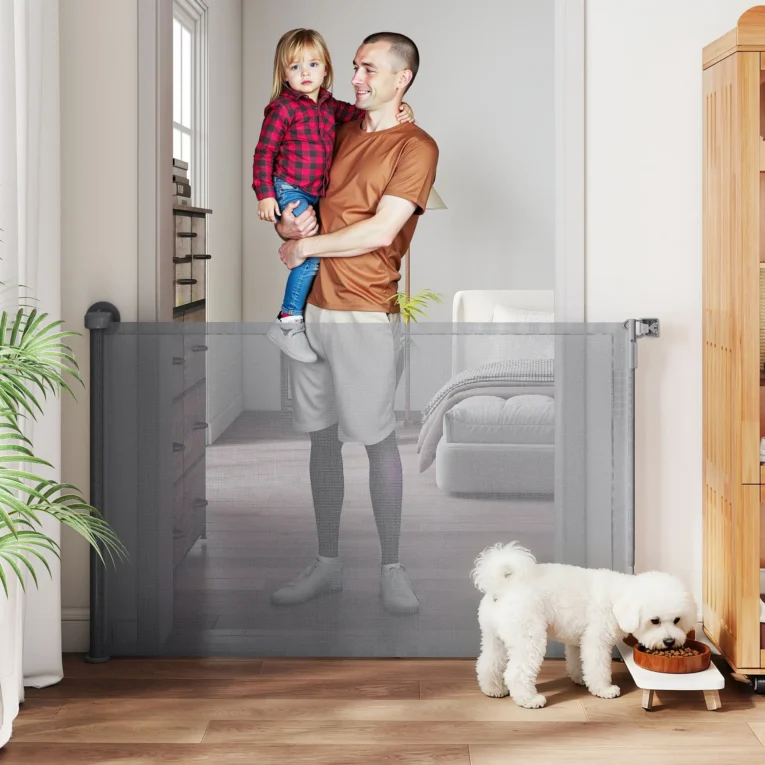 Retractable Mesh Dog Gate – Grey, Extends to 140cm Retractable Mesh Dog Gate – Grey, Extends to 140cm