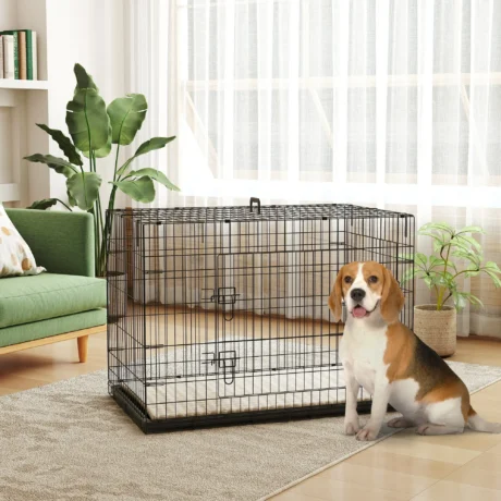 Folding Two-Door Dog Crate with Cushion – Black, 106cm