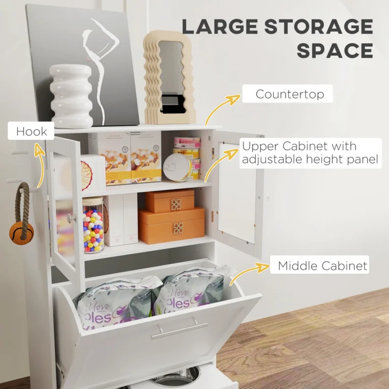 Tall Pet Feeding Cabinet with Hidden Bowls – White, 100cm