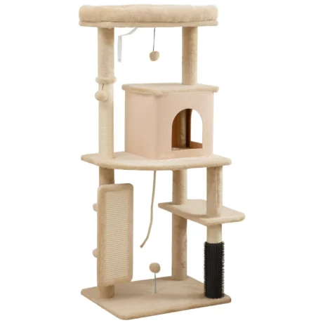 Cat Activity Tree with Grooming Brush and Bed – Beige, 132cm
