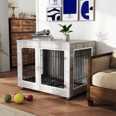 Furniture-Style Dog Crate with Cushion and Double Door – Grey