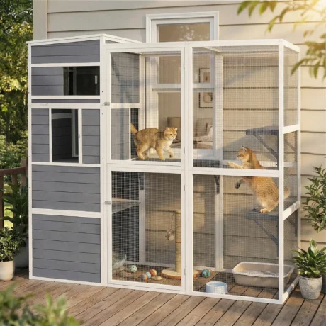 Wooden Outdoor Catio with Sheltered Rooms – Grey, 191cm